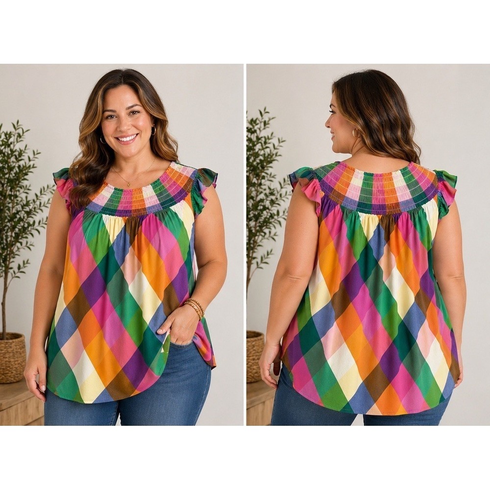 Crown & Ivy Rainbow Plaid Tunic Top Women's 3X Smocked Yoke Boho Colorful 0276